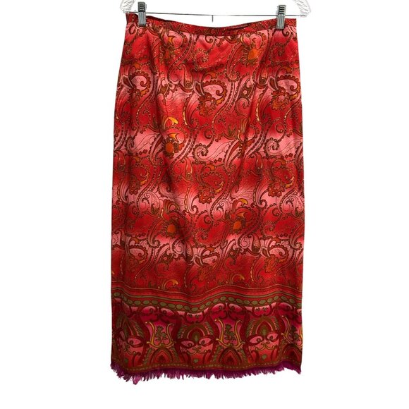 Vintage Harolds Red Paisley Silk Long Pencil Skirt Size 12 - Picture 1 of 8